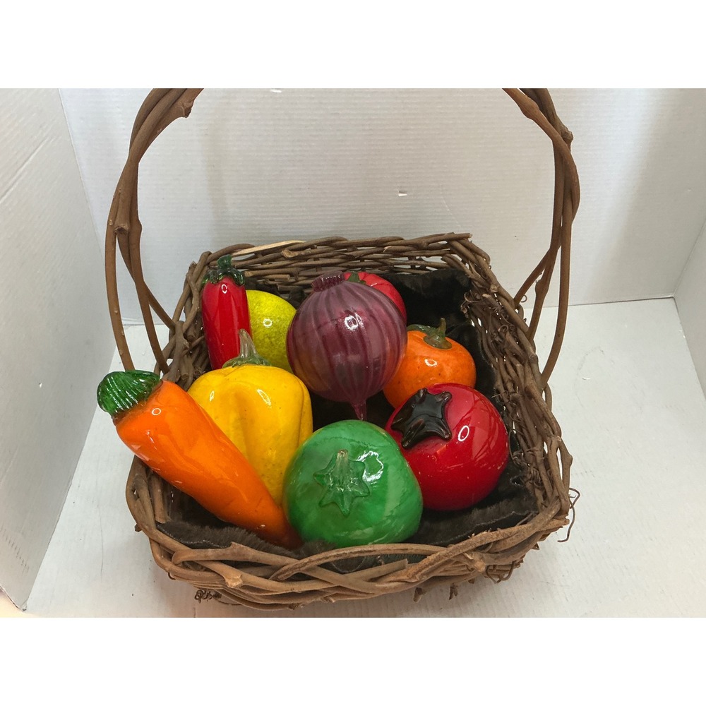 Vintage Hand Blown Glass Vegetable Fruit Basket Set 11 Pieces Wicker Basket